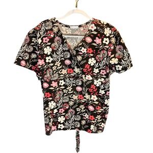 LIFE Floral Print Scrub Top Women Short Sleeve V Neck Tie Back